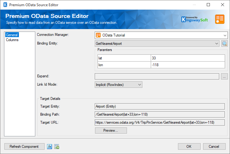 SSIS OData Source Component - Invoke an Unbound Function